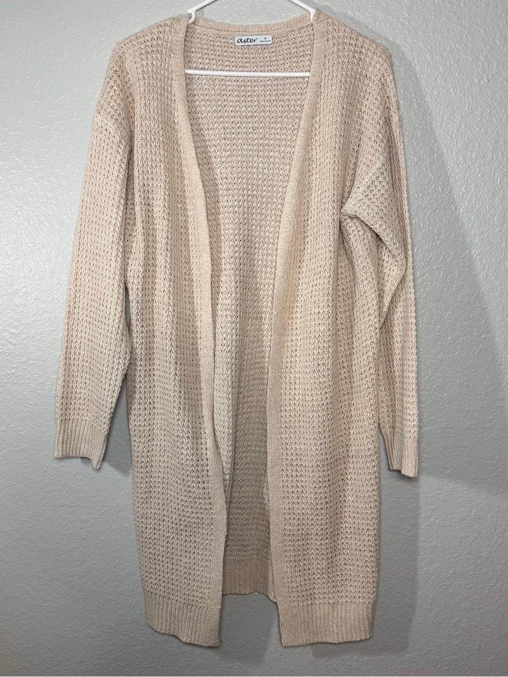 Beige Open-Knit Cardigan Sweater Lightweight Long Sleeve 100% Polyester Size S